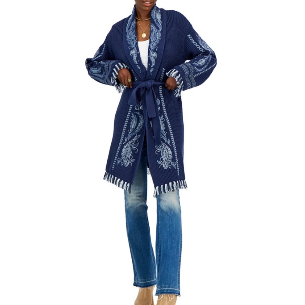 Embroidered Open Front Fringe Cardigan